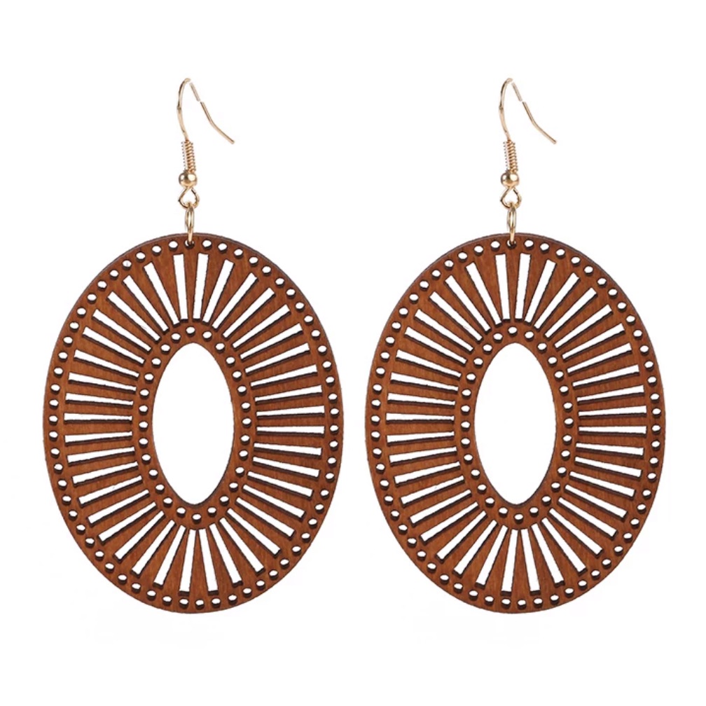 Ethnic Wood Oval Drop Down Geometric Boho Brown Hippie Laser Cut Earrings Nwt